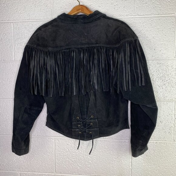 Vintage Winlet Western Cowgirl Black Suede Fringe Jacket Size M - Picture 2 of 14